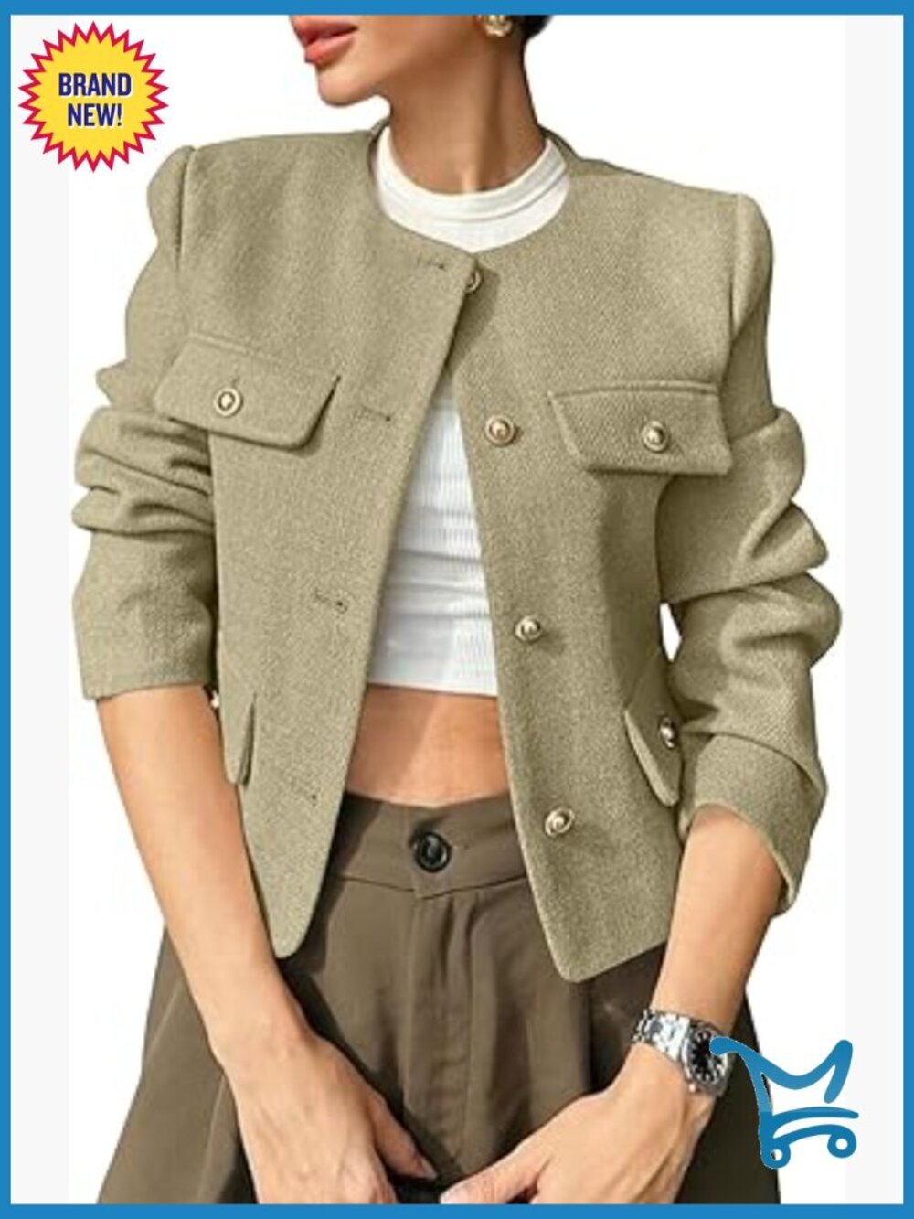 Cropped Tweed Blazer Jacket Collarless Button Down Business Casual Winter Coat